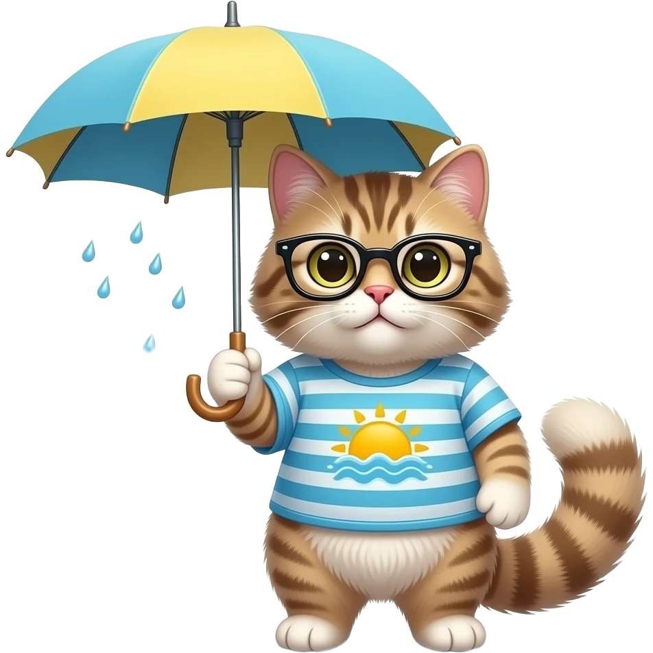 cat persian wearing a glass and wearing a summer tshirt, she is holding a umbrella, and summer weather. emoji