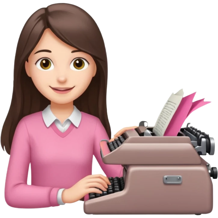 smiling white long brunette hair girl with hazel eyes wearing pink typing on a typewriter emoji