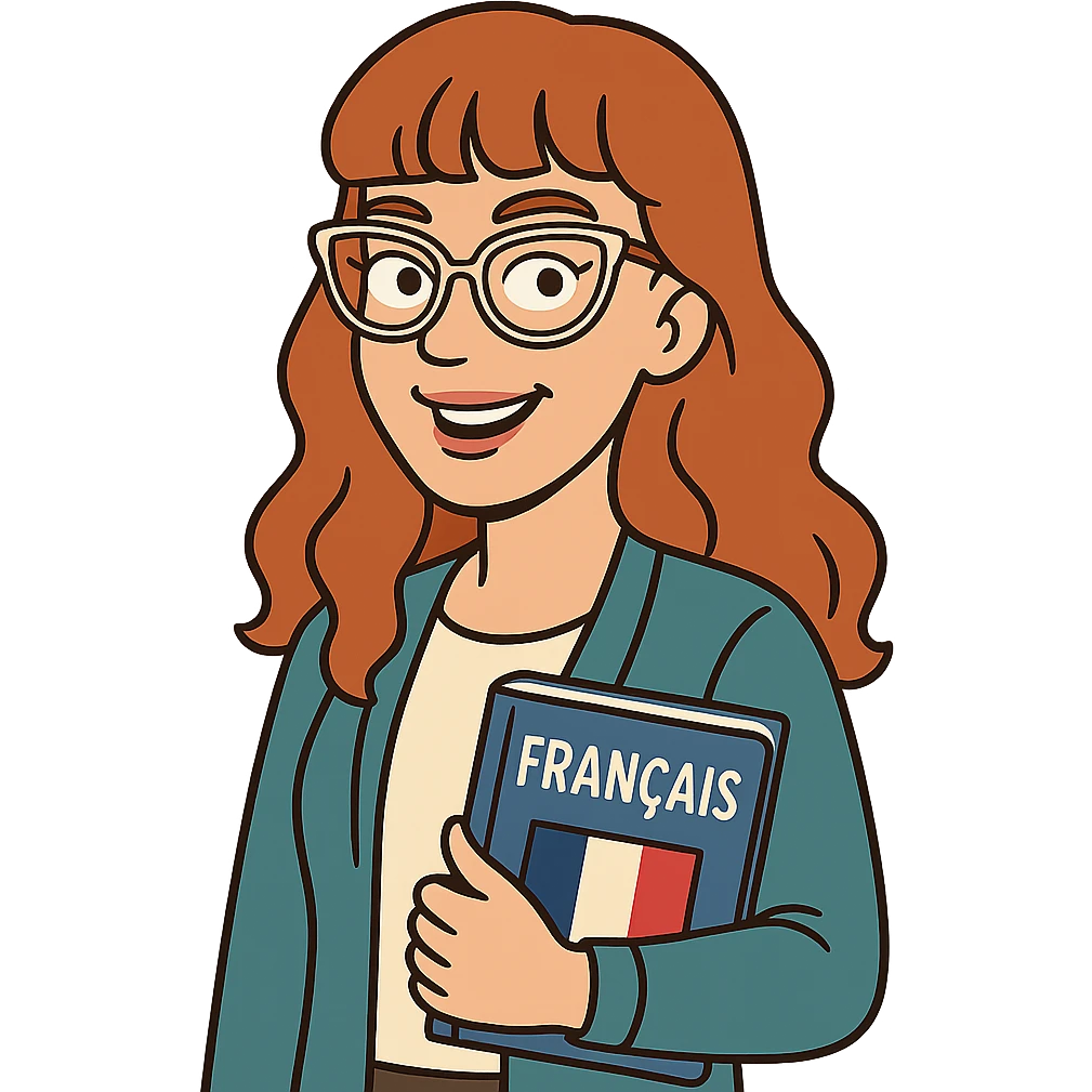 cartoon style, bitmoji-inspired, redhead woman with long wavy hair and bangs, cat-eye clear-framed glasses, blue eyes, French teacher, holding a book emoji