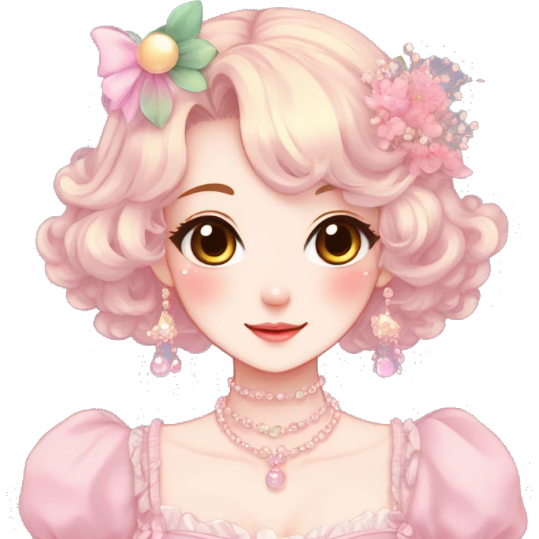 Gorgeous anime style lady with blushing face and accessories cottagecore fairycore Kawaii anime colorful pearly romantic aesthetic trending style emoji