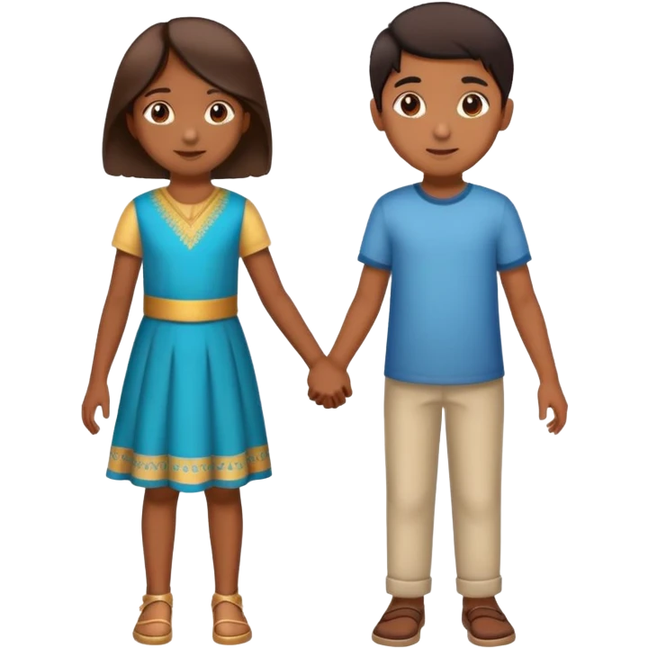 boy and girl holding hands, both Indian, boy with lighter brown skin, girl with medium brown skin, both around age 5-6 emoji