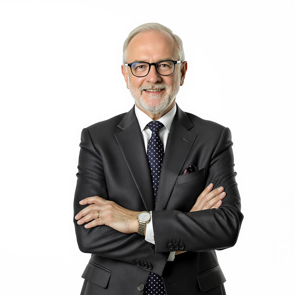 Photo of a 60 year old polish businessman crossed hands and glasses, elegant outfit, white solid background emoji
