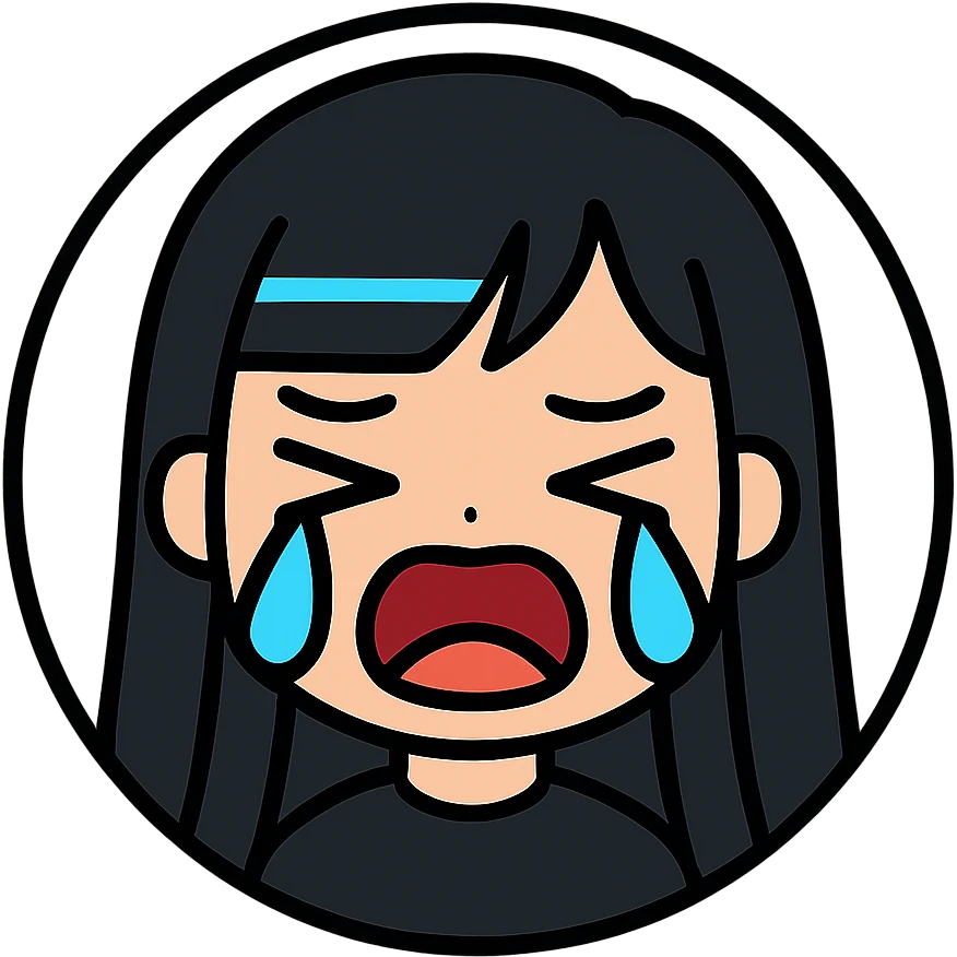 chibi cyberpunk girl with long straight black hair, large glowing neon-blue anime eyes, light peach skin, round face, small nose, soft cheeks, thin black line art, crying expression with tightly shut eyes, mouth wide open as if sobbing, big teardrops running down both cheeks, pure white background, inside a thin black circle emoji