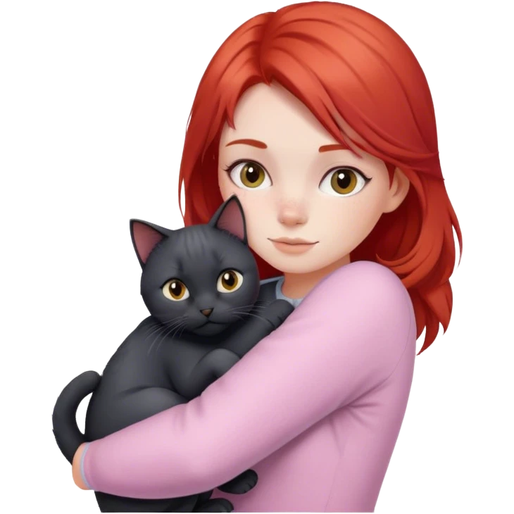 
a girl with red hair in pastel clothes hugs a black British cat emoji