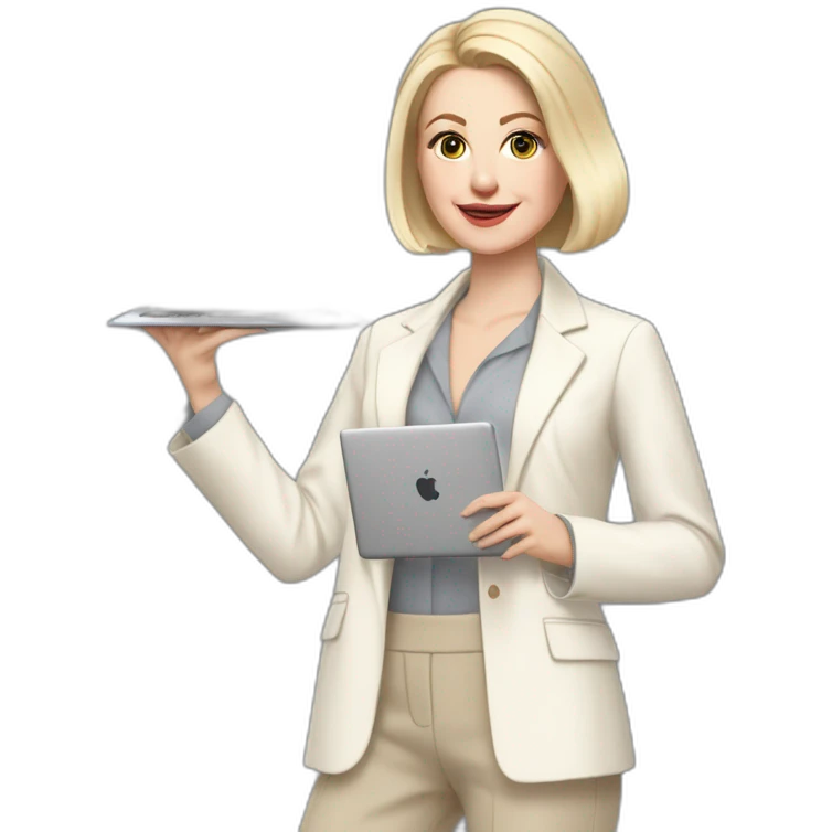 pale skin woman with ash blonde Straightened bob Hair, White Spacious classical jacket, beige palazzo Arrow pants and gray blouse holding a MacBook in the hands emoji
