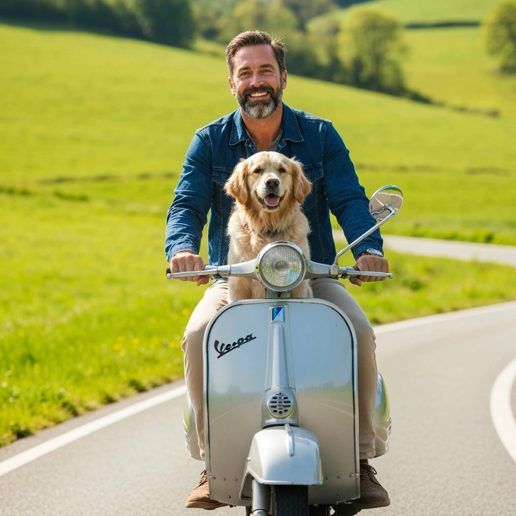 man and his pet dog riding a vespa emoji