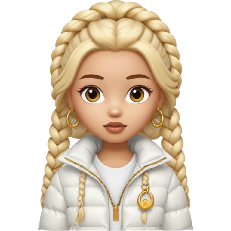 generate a pretty bratz girl with a WHITE puffer jacket, hoops, long braided hair emoji