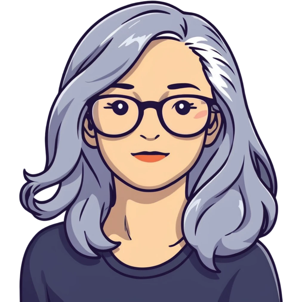 Hippie woman with long flowing gray hair and glasses emoji