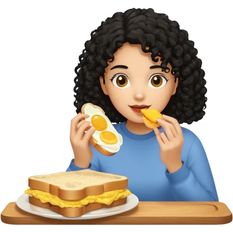 Girl with black curly hair eating egg sandwich emoji