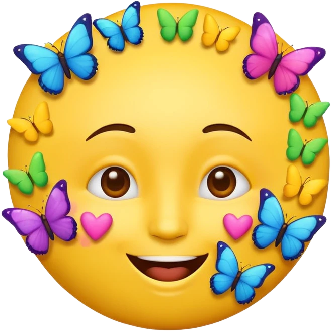 joyful emoji face surrounded by colorful hearts and butterflies emoji