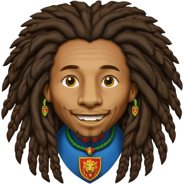 very realistic Bob Marley with gigantic dread locks in form heraldic crest with ethiopian lion emoji