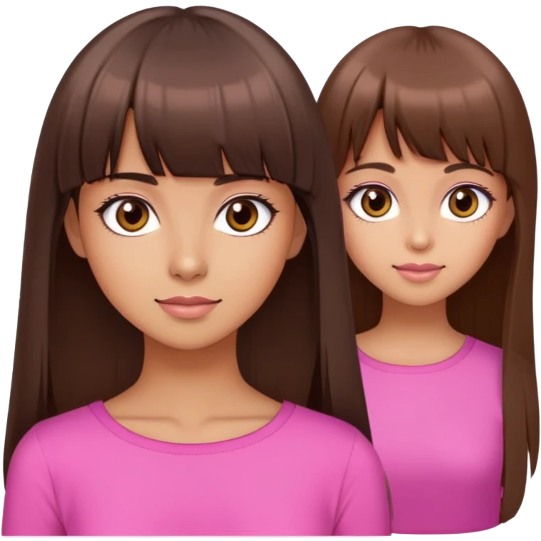 beautiful cute woman, tan skin, big brown eyes, straight long brown hair, bangs, model, pink top emoji