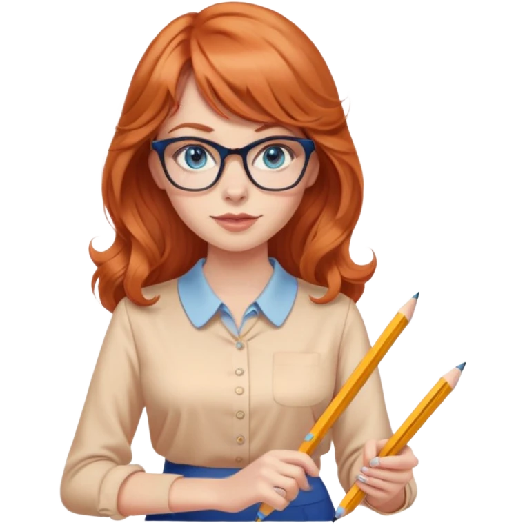 redheaded woman with long wavy hair and bangs, blue eyes, cat-eye glasses, pencil skirt, apricot blouse, holding a pencil emoji