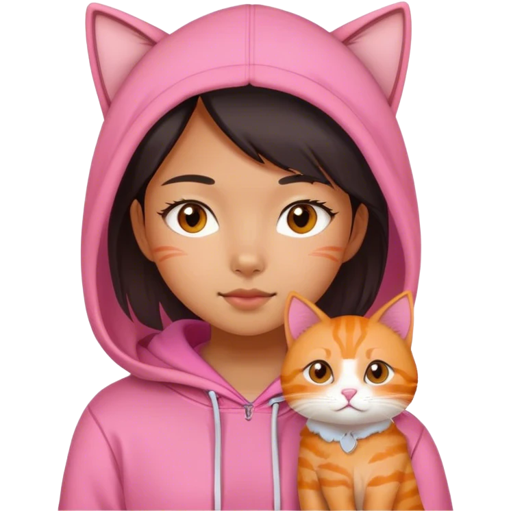 asian girl in pink hoodie with cute orange cat emoji