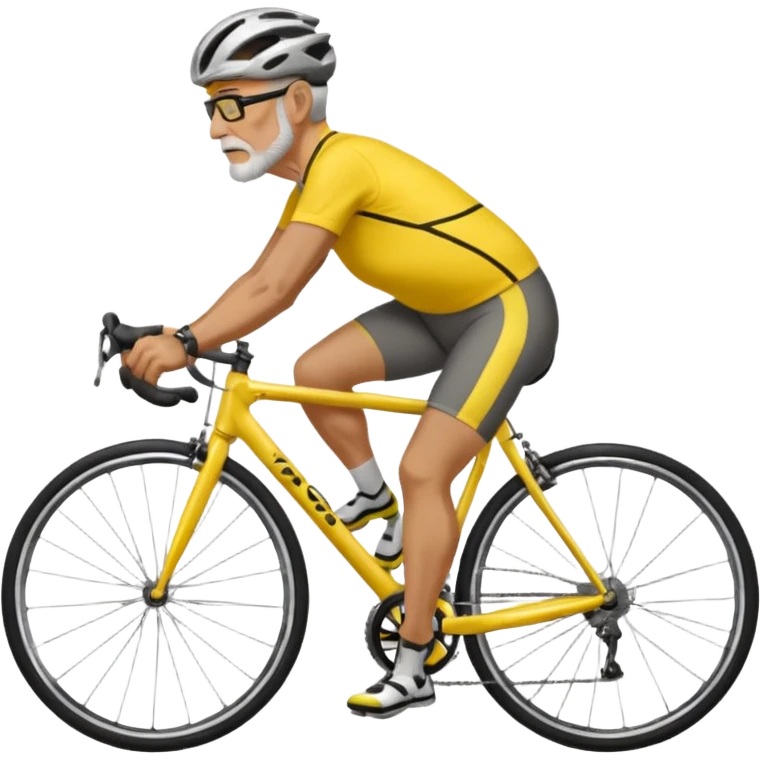 emoji of a 60-year-old man, about 200 lbs, no beard, no eyeglasses, in loose cycling clothes, yellow and black top, straddling a grey road bike, graphic design, adding a background of a road in a neighborhood or highway emoji