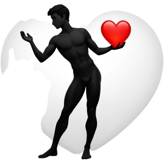 Minimalist b&w male silhouette with flowing curves, overlaid with a big glowing red heart, symbolizing attraction, inspiration, and transformation through the qualities admired in others.” emoji