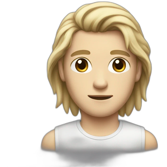 realistic white teenager with a long classic hairstyle, he has black hair, he has black eyes, he also has a beige T-shirt, he is tall, he has an elongated neck and head emoji