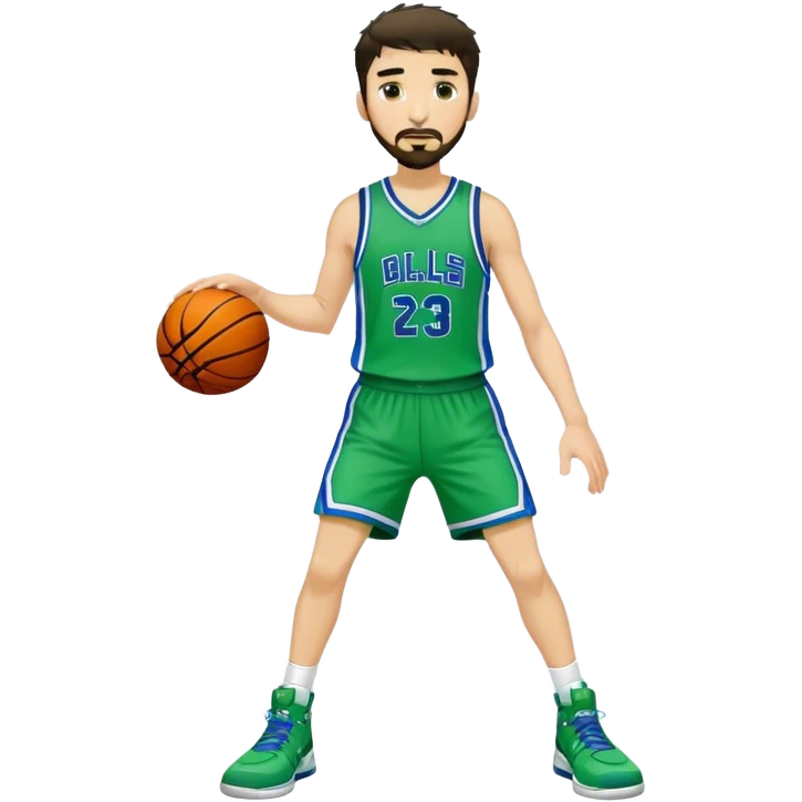 Full Body white male basketball player with short dark shaggy hair and goatee wearing green and blue uniform emoji