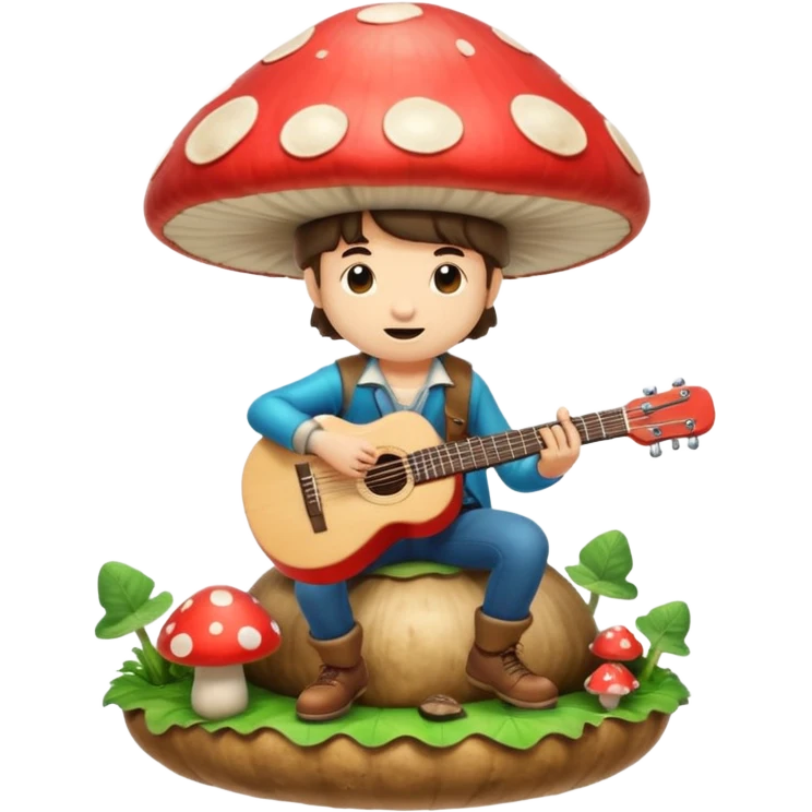 mushroom bard character playing tiny guitar on giant mushroom emoji