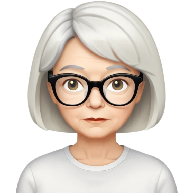 white older woman about 60 with light warm skin, short black bob haircut with slight waves at ends, neutral expression, large black shiny butterfly or cat-eye glasses, white casual t-shirt, calm and creative energy emoji