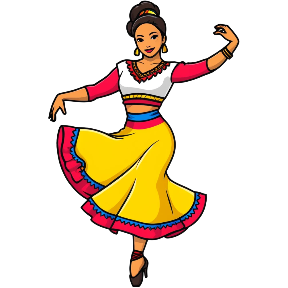 Colombian salsa dancer with vibrant traditional outfit, energetic pose, colorful flowing dress emoji