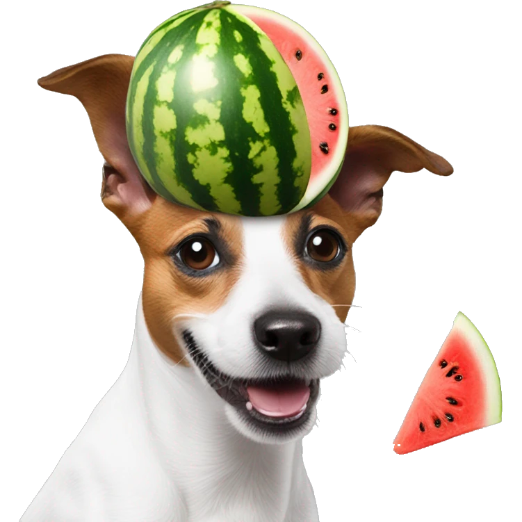a jack russel with a watermelon on his head making a helmet of himself emoji