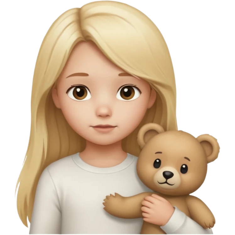 Blonde little girl, long hair, white long sleeve, with beige bear emoji