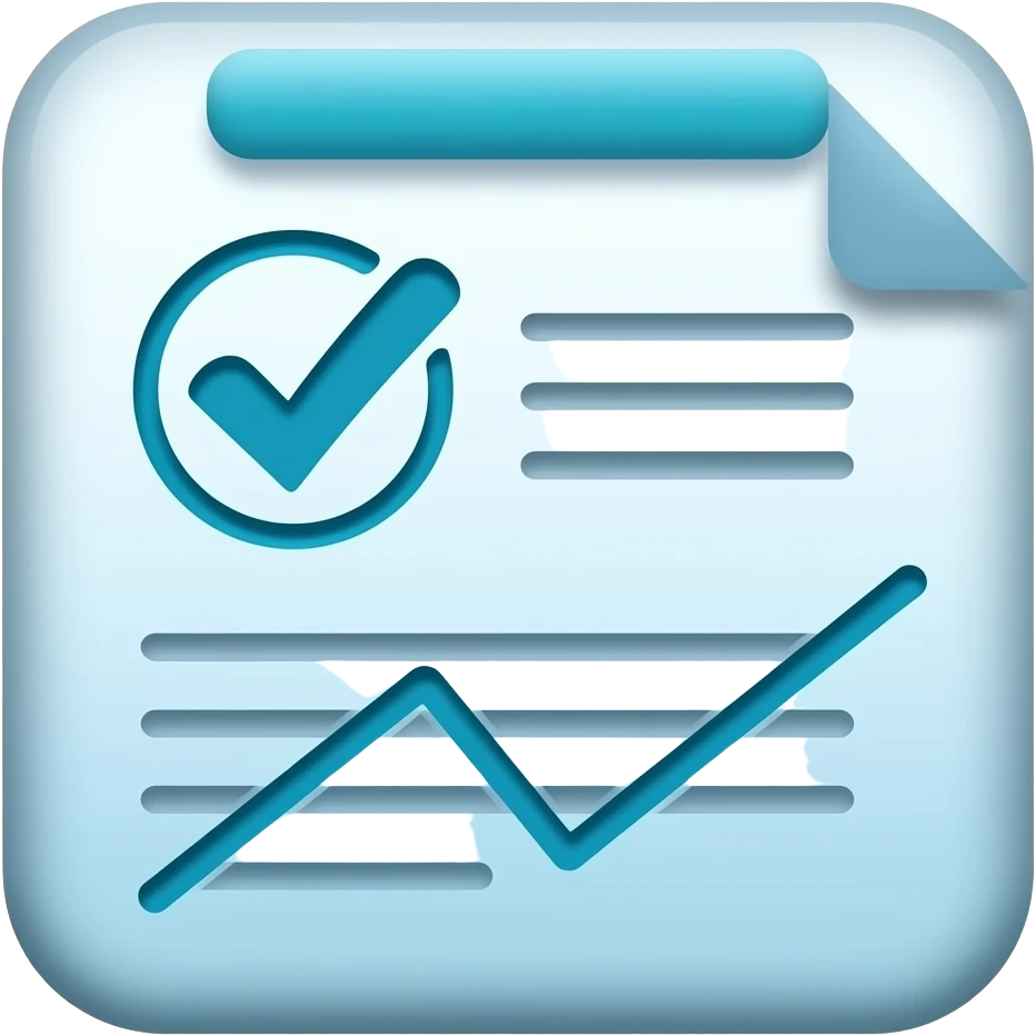 Minimalist flat design icon of a medical report with a checkmark and simple graph lines, representing diagnosis and analysis, clean vector style, soft gradient (blue and teal), no text emoji