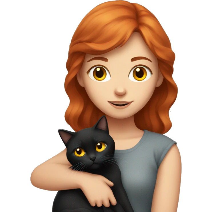 A red-haired girl holds a black British cat with yellow eyes in her arms emoji