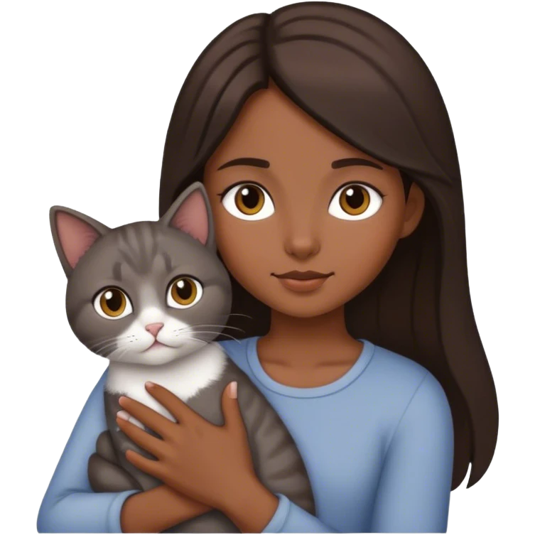 Dark Brown hair girl holding a grey cat emoji