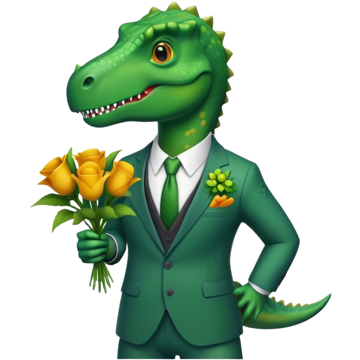 dinosaur in suit holding flowers emoji
