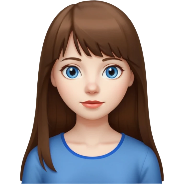 woman, pale skin, long straight brown hair with bangs, blue-grey eyes, white top, apple emoji style emoji