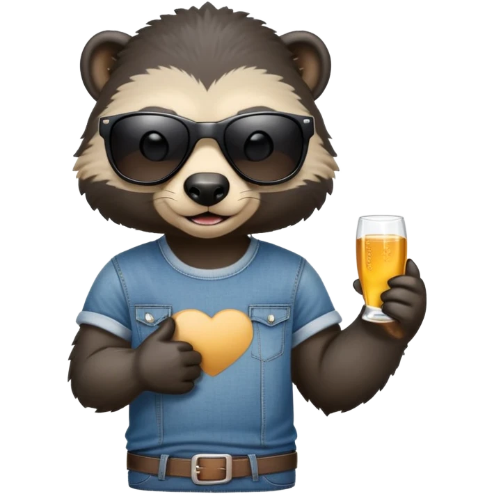 friendly anthropomorphised honey badger in jeans and a t-shirt, wearing sunglasses, head and shoulders portrait emoji