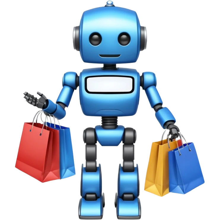 black friday robot with blue and metalic colours with bags in his hands emoji