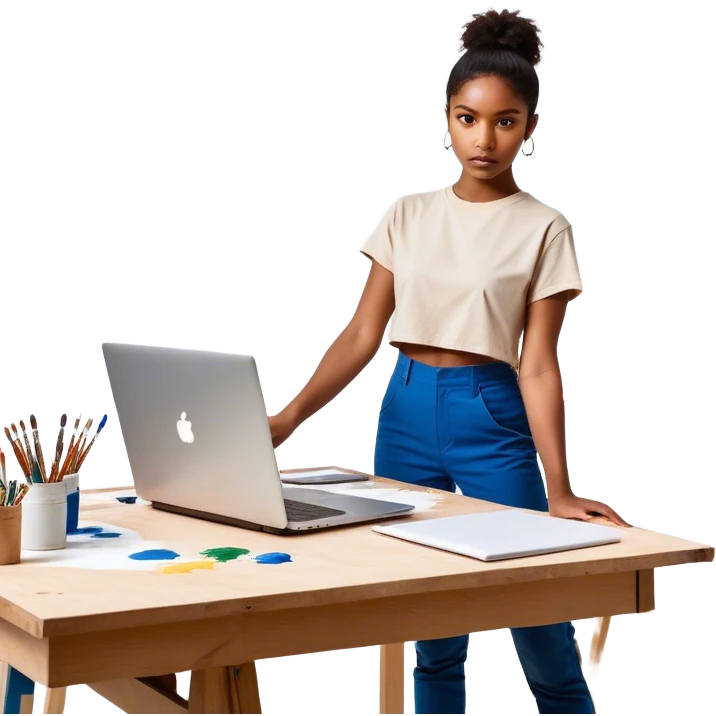 A person is **standing up from their desk**, a determined look on their face. In front of them is a **blank canvas, an open laptop, or a workbench**—a symbol of **taking action**. Their **future self**, glowing with confidence, is **guiding their hands as they type, paint, build, or create something emoji