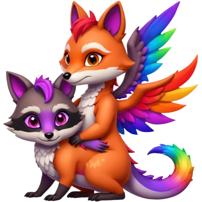black female raccoon dragon hybrid with rainbow colored wings and purple eyes hugging a red female fox dragon hybrid with rainbow colored wings and orange eyes emoji