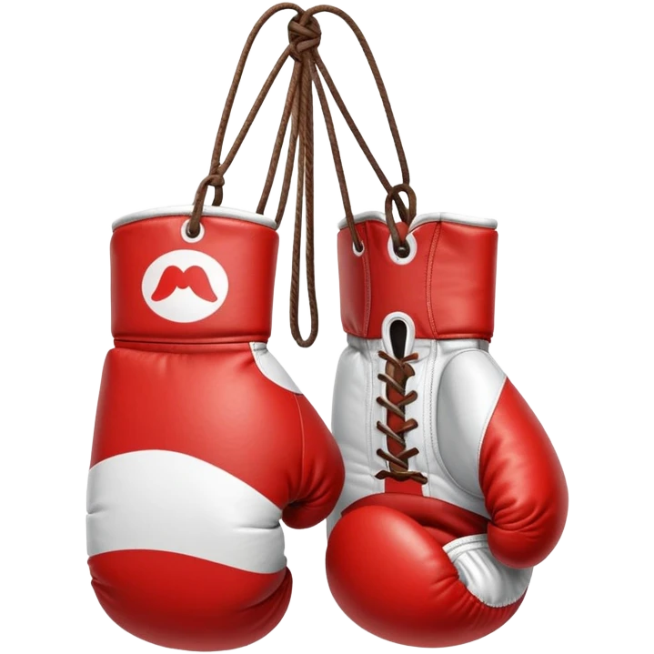 Red and white boxing gloves with Mario M logo and mustache design emoji