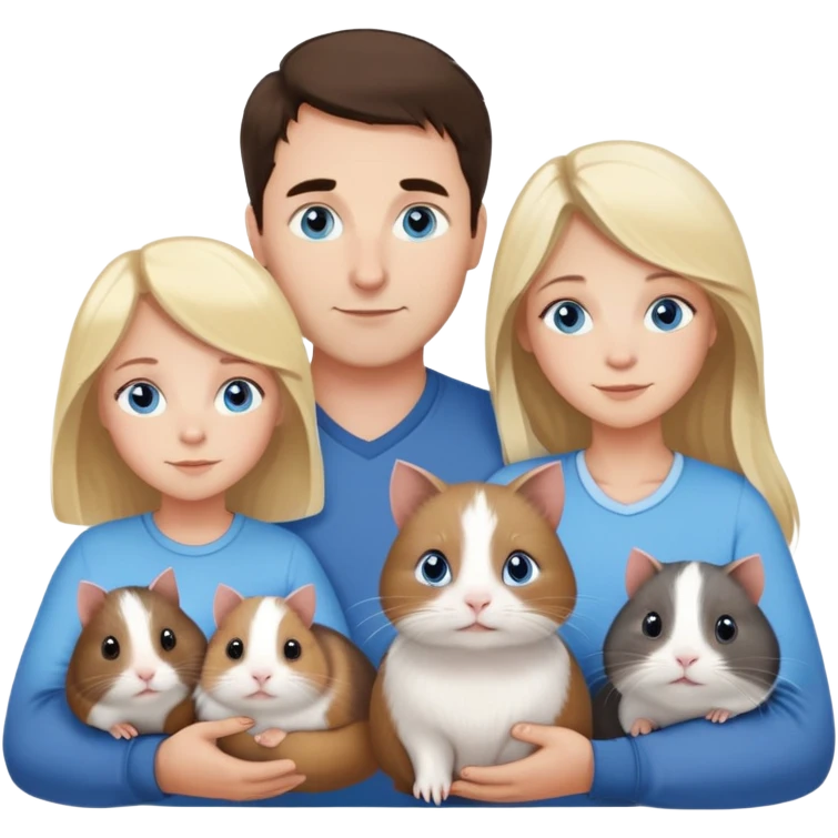 Family portrait with father with dark brown hair and blue eyes, mother with light brown hair and blue eyes, three blonde little girls with blue eyes, plus a grey cat and two guinea pigs emoji