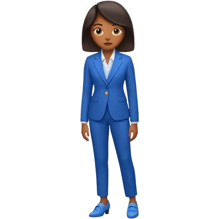 black woman in a blue smart suit and shoes, standing with hands by her side, serious expression, emoji style emoji