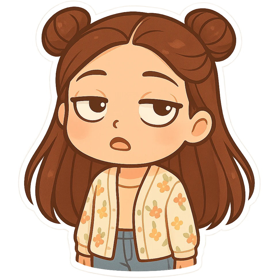 Create a chibi sticker of the girl from the reference image. She has brown straight hair styled in double buns, brown eyes, wearing a pastel floral cardigan and jeans. The expression is rolling her eyes as if saying 'oh my god'. The sticker should have a white outline and a transparent background, sized 512x512px. emoji