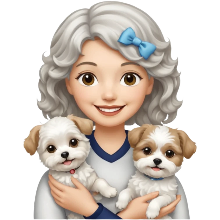 silver, short, wavy-haired with loose curls, smiling pretty lady holding a white terrier and a white/tan shih tzu dog emoji