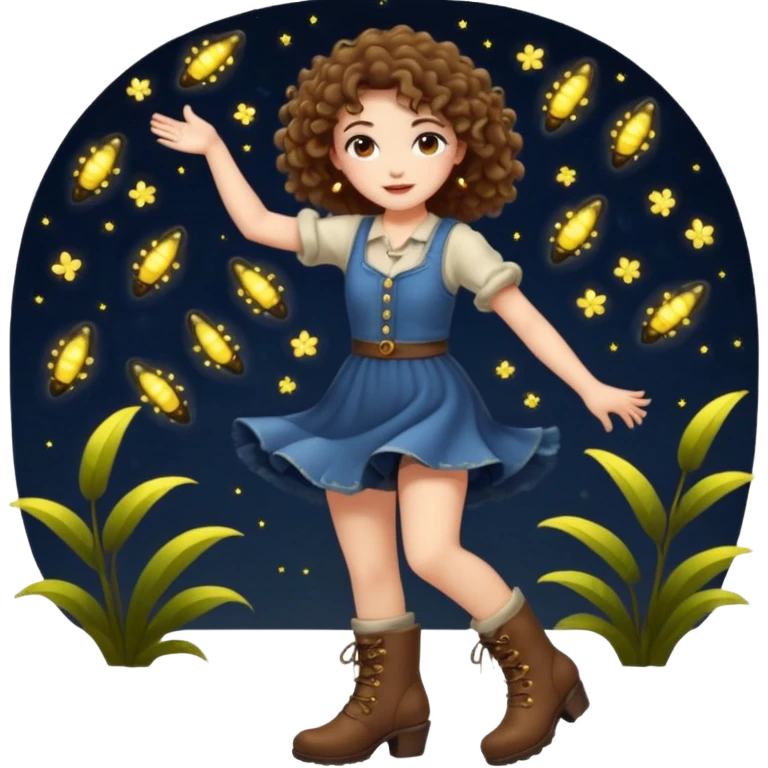 full body woman short curly brown mullet hair brown eyes white skin dancing with fireflies around boots emoji