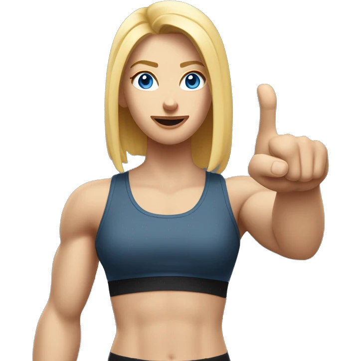 Close up Actively gesturing  with hands Pale skinned Fit woman With the biceps and blonde hair in dark gray Sleeveless Mike, black sports shorts, watch and white Sneakers and Blue Eyes  emoji