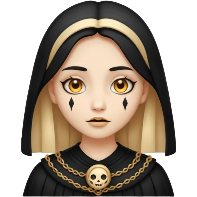 Stylized cult cartoon girl emoji, eerie-cute aesthetic, symmetrical design, subtle spooky vibe, glowing eyes, chanting “AMILK”, bold graphic icon emoji