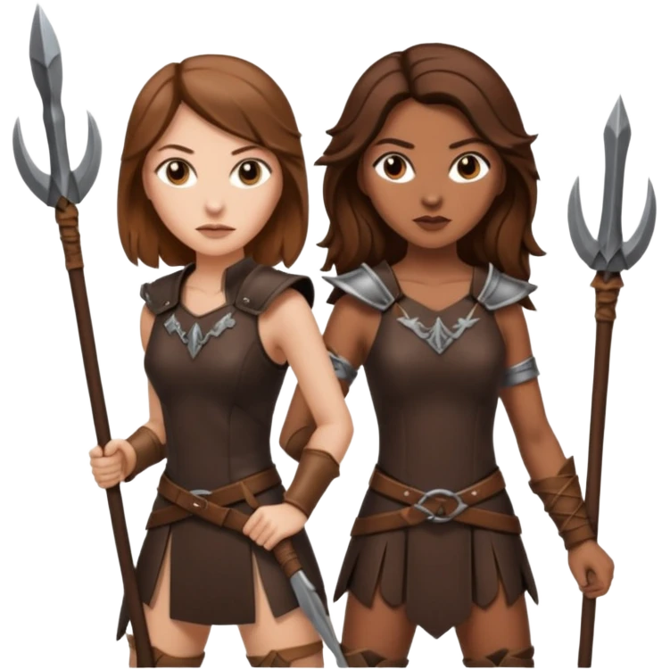 white woman with brown hair and brown woman with long brown hair both holding spears fiercely. both have warrior clothing emoji