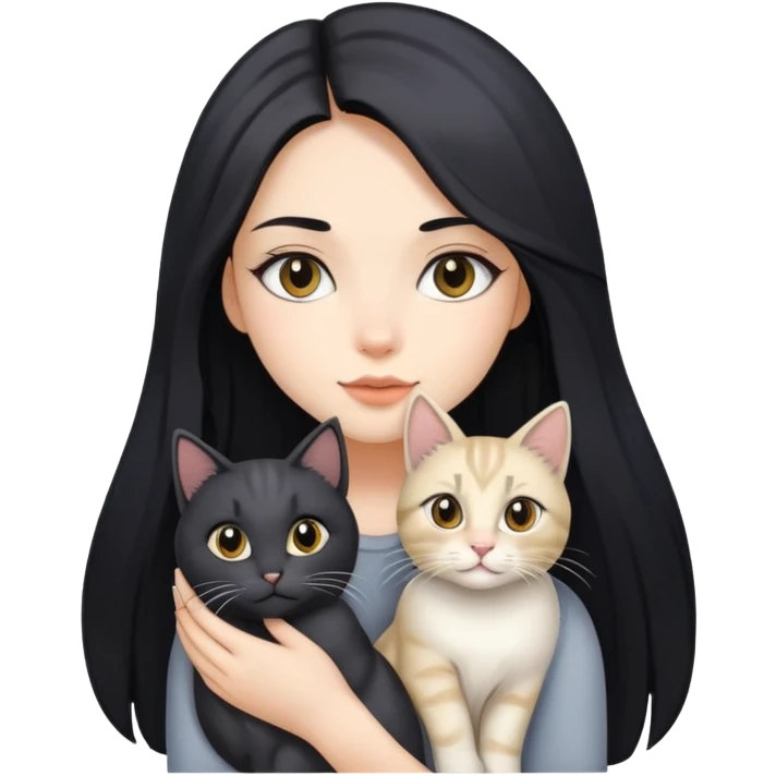Beautiful girl with long black hair holding a gray and blonde mixed cat emoji
