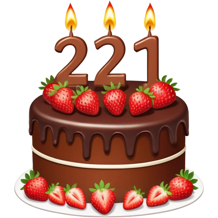 A birthday cake with the number 21 on it and the cake is chocolate and straw berries and nice burning candles emoji