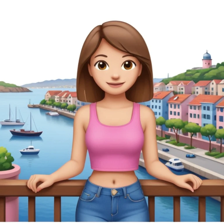 cute emoji-style woman with straight brown hair, pink crop top, and blue jeans, leaning on a balcony with a harbor and cityscape in the background, smiling emoji