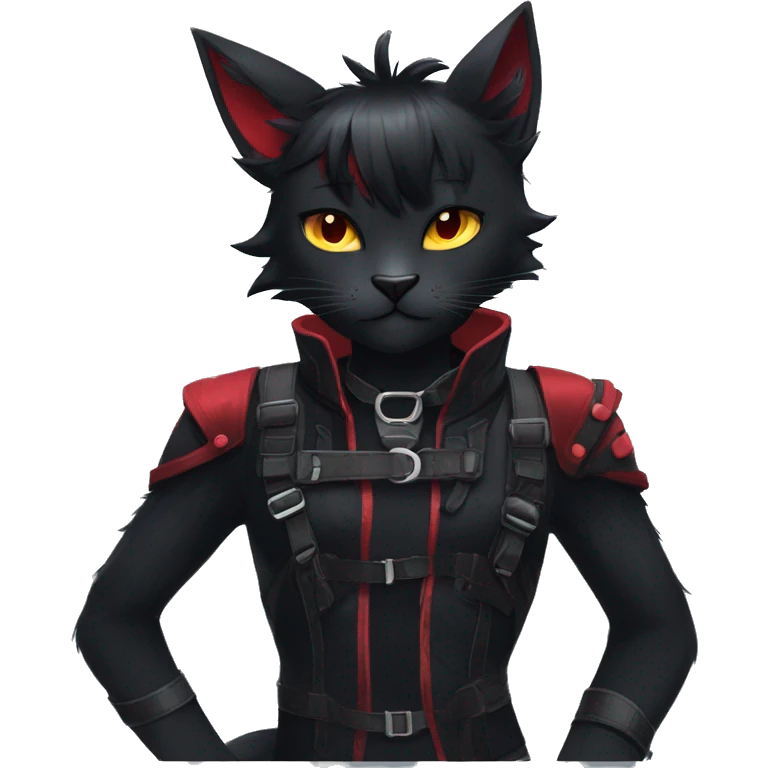 Anthro Edgy Cool Beautiful Black Cat-Fursona-Fakemon with Emo Hair-bangs with Red Streaks Chest Harness emoji