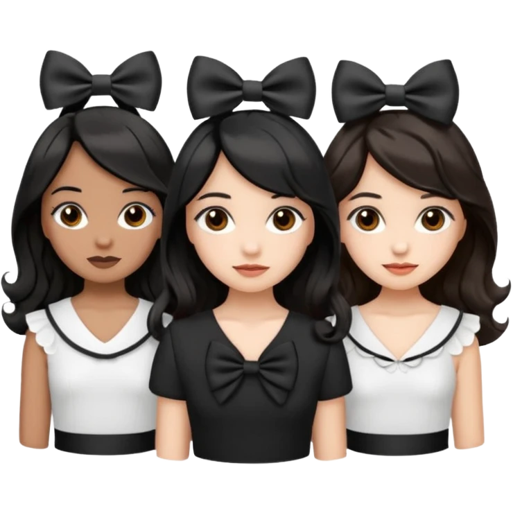 three girls with brown eyes, white and brown skin tones, first girl with completely black straight hair and a bow on her head, middle girl with black wavy hair and a bow, last girl with black voluminous loose waves and a bow, emoji style emoji